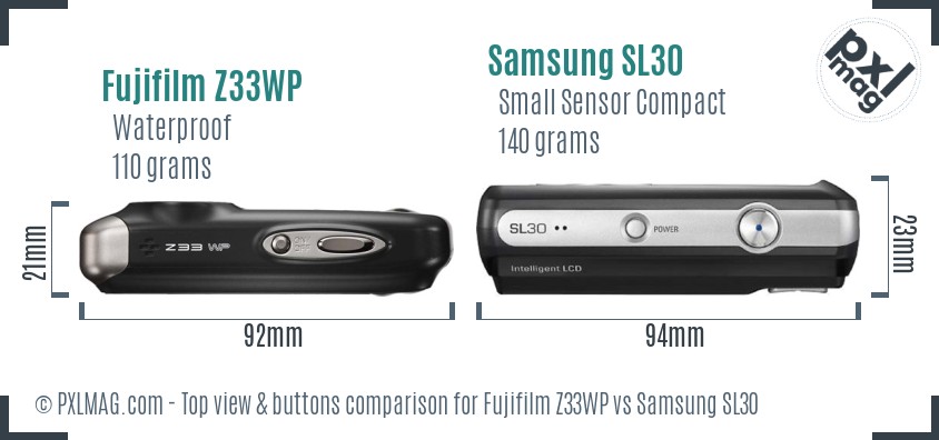 Fujifilm Z33WP vs Samsung SL30 top view buttons comparison