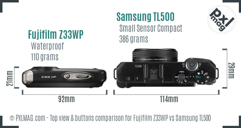 Fujifilm Z33WP vs Samsung TL500 top view buttons comparison Fujifilm Z33WP vs Samsung TL500 top view buttons comparison