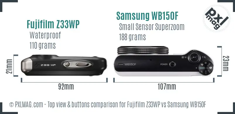 Fujifilm Z33WP vs Samsung WB150F top view buttons comparison Fujifilm Z33WP vs Samsung WB150F top view buttons comparison