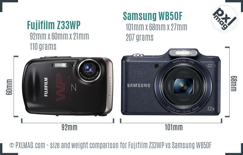 Fujifilm Z33WP vs Samsung WB50F size comparison