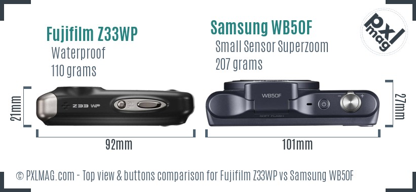 Fujifilm Z33WP vs Samsung WB50F top view buttons comparison