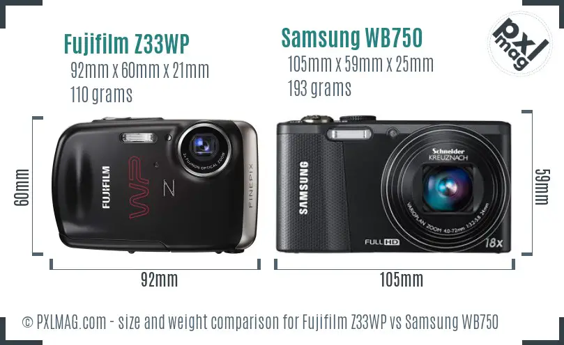 Fujifilm Z33WP vs Samsung WB750 size comparison