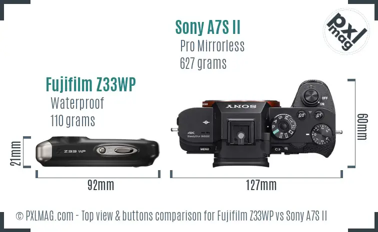 Fujifilm Z33WP vs Sony A7S II top view buttons comparison