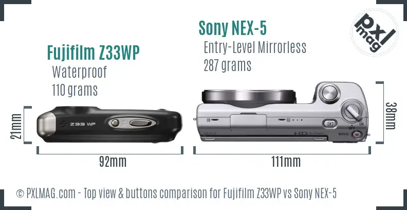 Fujifilm Z33WP vs Sony NEX-5 top view buttons comparison