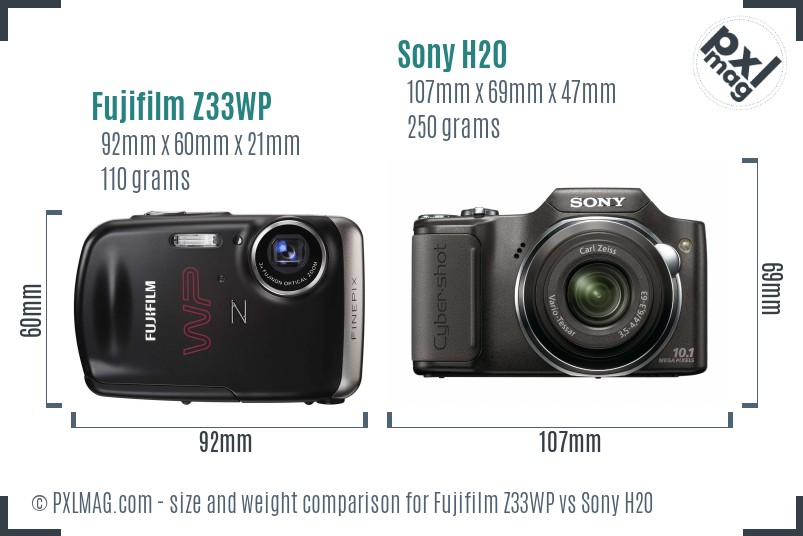 Fujifilm Z33WP vs Sony H20 size comparison