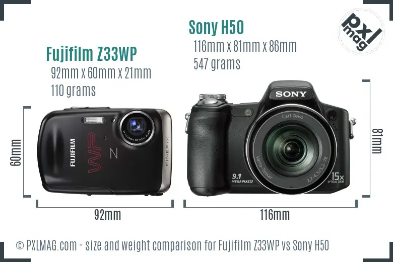 Fujifilm Z33WP vs Sony H50 size comparison