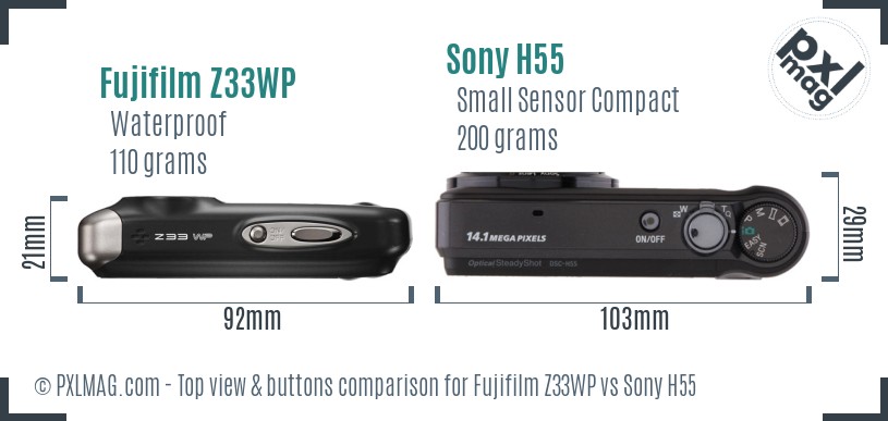 Fujifilm Z33WP vs Sony H55 top view buttons comparison