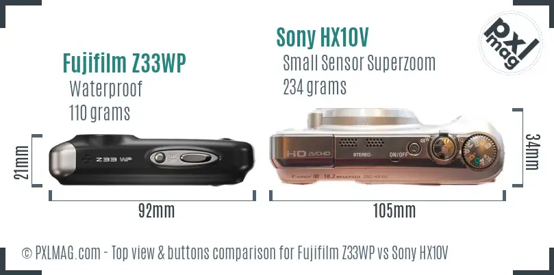 Fujifilm Z33WP vs Sony HX10V top view buttons comparison