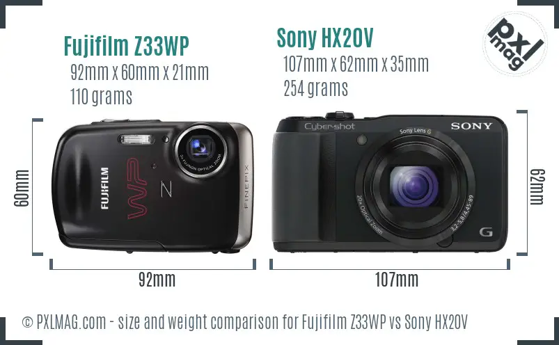 Fujifilm Z33WP vs Sony HX20V size comparison