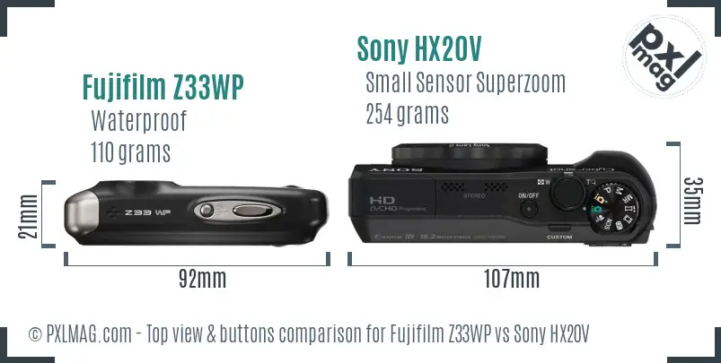 Fujifilm Z33WP vs Sony HX20V top view buttons comparison