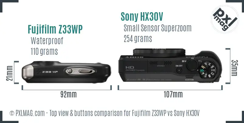 Fujifilm Z33WP vs Sony HX30V top view buttons comparison