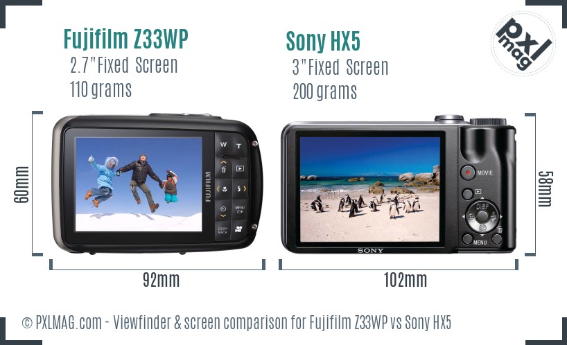 Fujifilm Z33WP vs Sony HX5 Screen and Viewfinder comparison