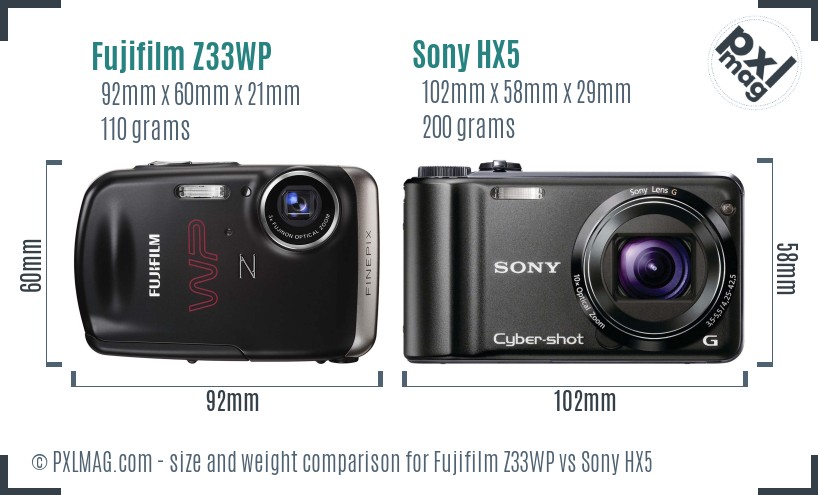 Fujifilm Z33WP vs Sony HX5 size comparison
