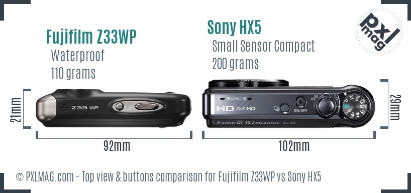 Fujifilm Z33WP vs Sony HX5 top view buttons comparison