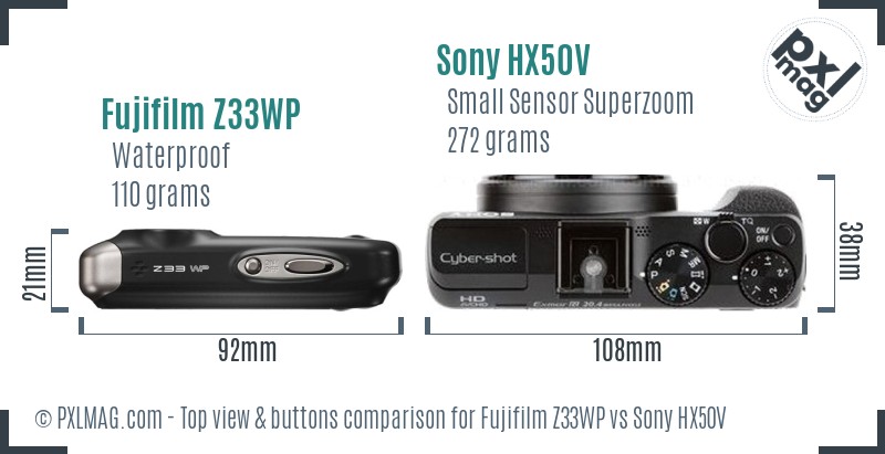 Fujifilm Z33WP vs Sony HX50V top view buttons comparison