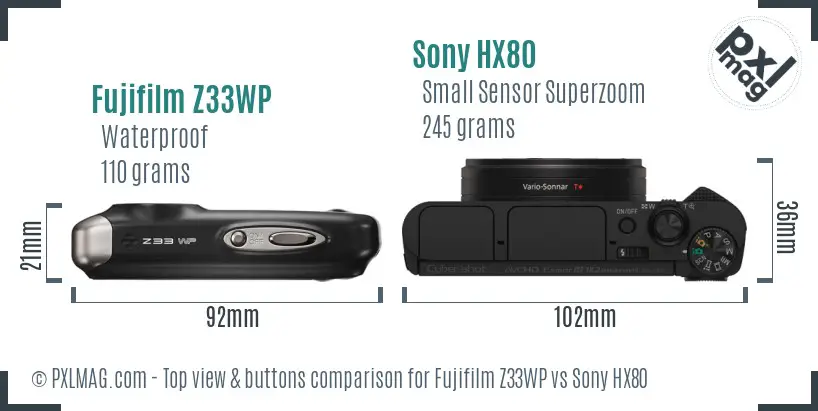 Fujifilm Z33WP vs Sony HX80 top view buttons comparison Fujifilm Z33WP vs Sony HX80 top view buttons comparison