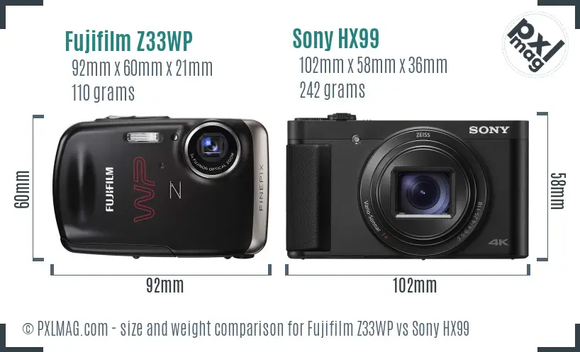 Fujifilm Z33WP vs Sony HX99 size comparison