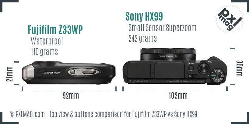 Fujifilm Z33WP vs Sony HX99 top view buttons comparison