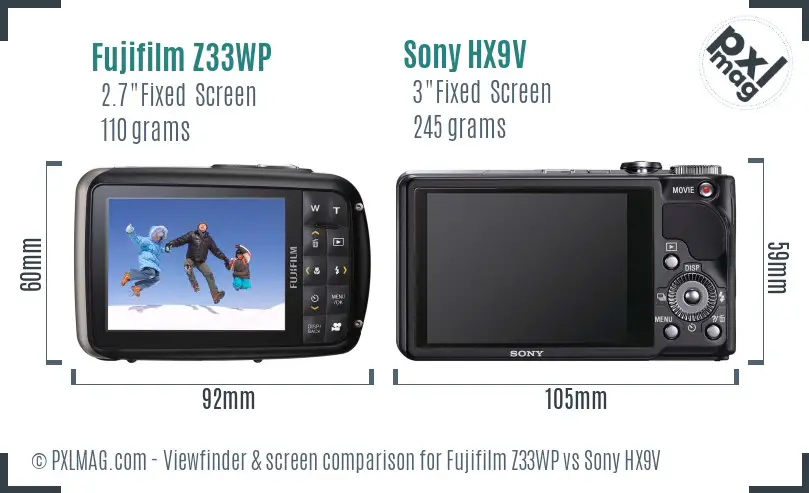 Fujifilm Z33WP vs Sony HX9V Screen and Viewfinder comparison