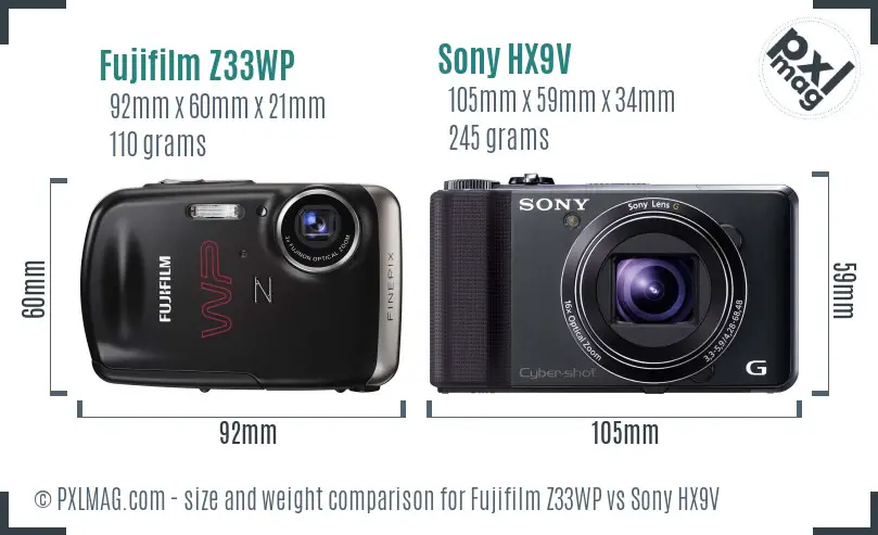 Fujifilm Z33WP vs Sony HX9V size comparison
