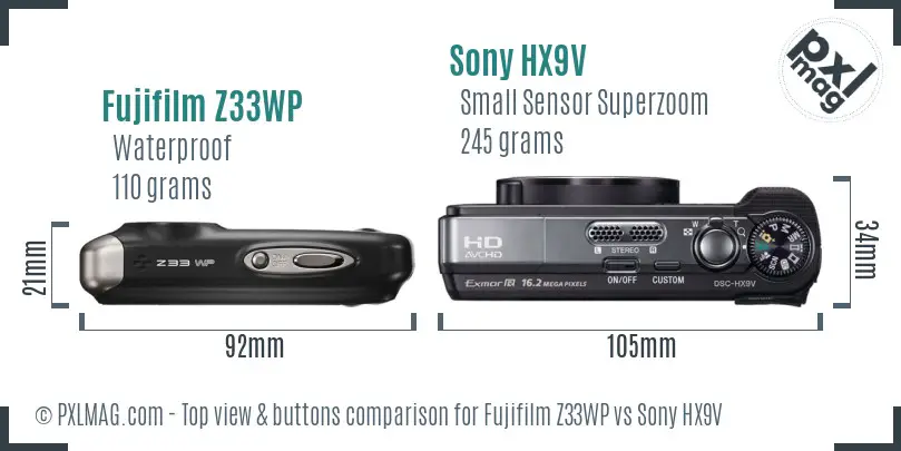 Fujifilm Z33WP vs Sony HX9V top view buttons comparison