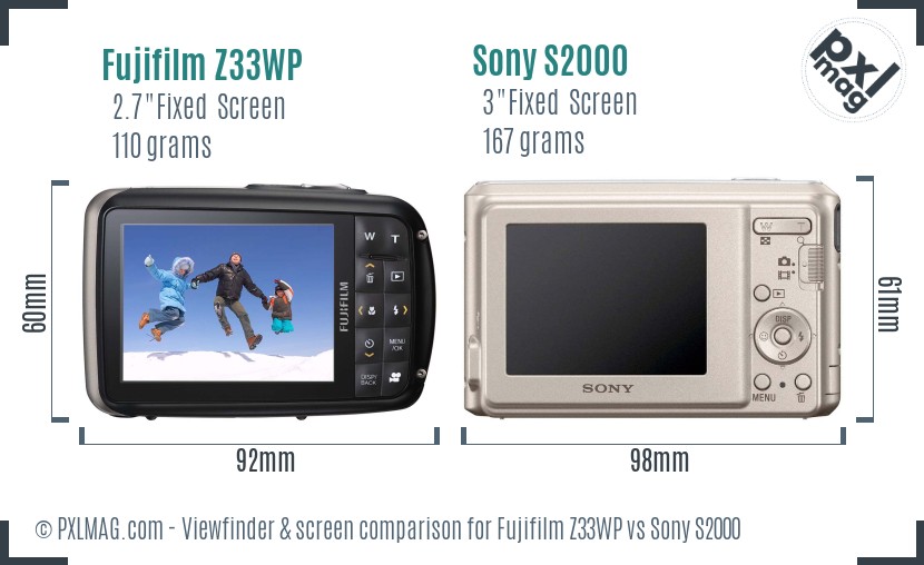 Fujifilm Z33WP vs Sony S2000 Screen and Viewfinder comparison