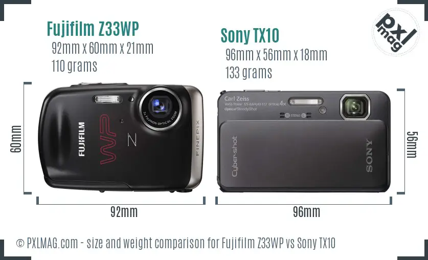 Fujifilm Z33WP vs Sony TX10 size comparison