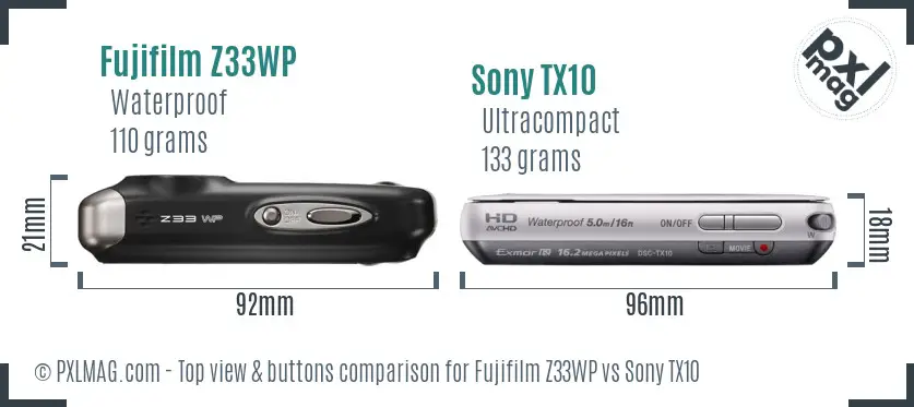 Fujifilm Z33WP vs Sony TX10 top view buttons comparison