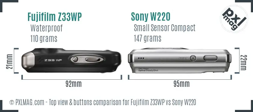 Fujifilm Z33WP vs Sony W220 top view buttons comparison Fujifilm Z33WP vs Sony W220 top view buttons comparison