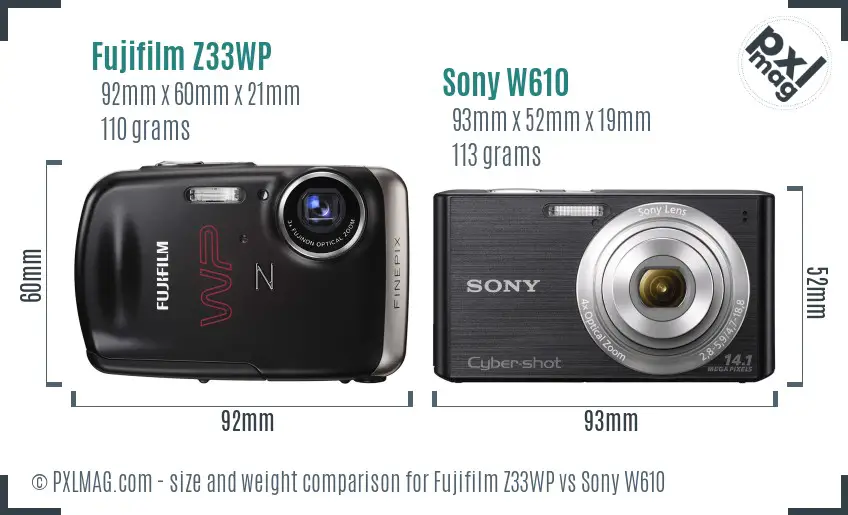 Fujifilm Z33WP vs Sony W610 size comparison