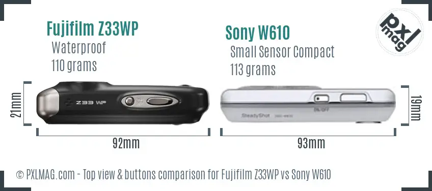 Fujifilm Z33WP vs Sony W610 top view buttons comparison