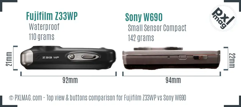 Fujifilm Z33WP vs Sony W690 top view buttons comparison