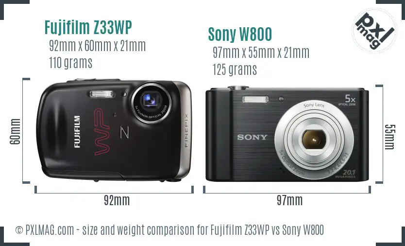 Fujifilm Z33WP vs Sony W800 size comparison