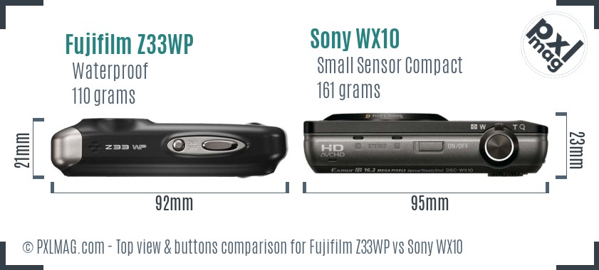 Fujifilm Z33WP vs Sony WX10 top view buttons comparison