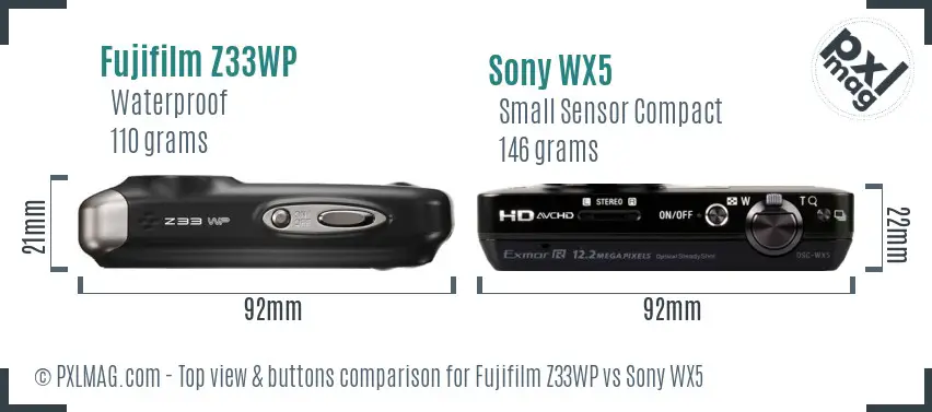 Fujifilm Z33WP vs Sony WX5 top view buttons comparison