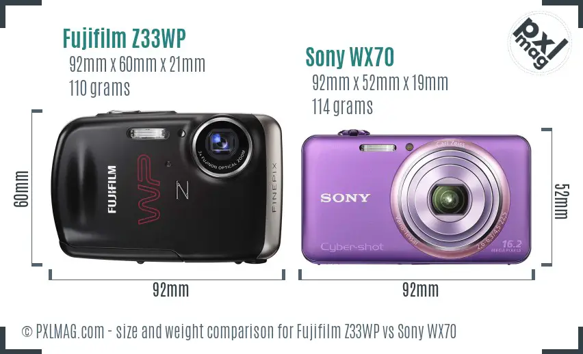 Fujifilm Z33WP vs Sony WX70 size comparison