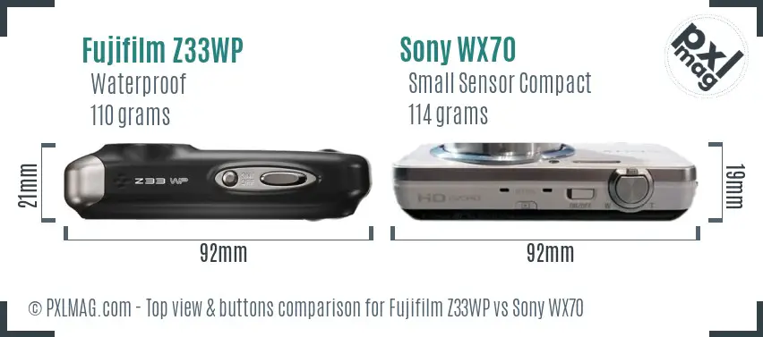 Fujifilm Z33WP vs Sony WX70 top view buttons comparison