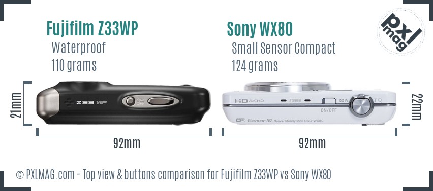 Fujifilm Z33WP vs Sony WX80 top view buttons comparison