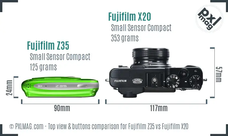 Fujifilm Z35 vs Fujifilm X20 top view buttons comparison