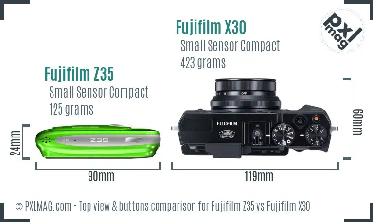 Fujifilm Z35 vs Fujifilm X30 top view buttons comparison