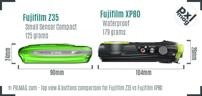 Fujifilm Z35 vs Fujifilm XP80 top view buttons comparison