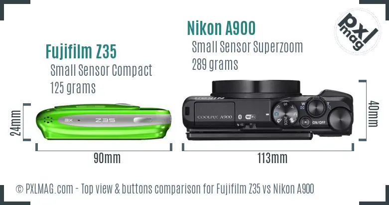 Fujifilm Z35 vs Nikon A900 top view buttons comparison Fujifilm Z35 vs Nikon A900 top view buttons comparison