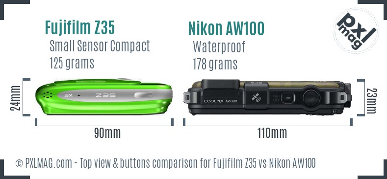 Fujifilm Z35 vs Nikon AW100 top view buttons comparison