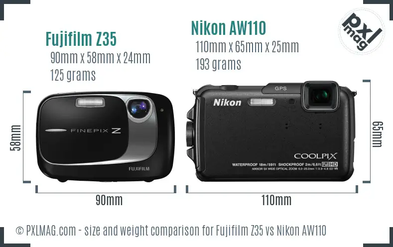 Fujifilm Z35 vs Nikon AW110 size comparison