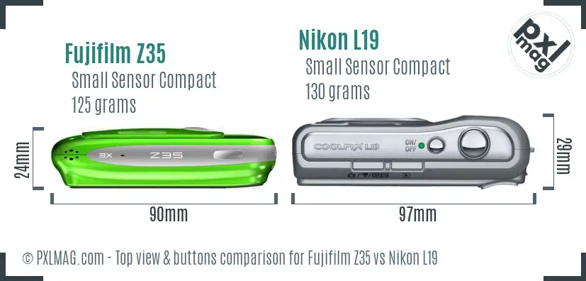 Fujifilm Z35 vs Nikon L19 top view buttons comparison Fujifilm Z35 vs Nikon L19 top view buttons comparison