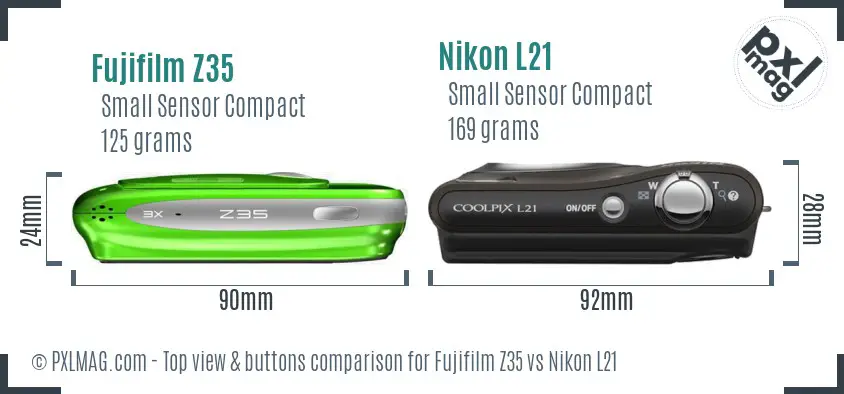 Fujifilm Z35 vs Nikon L21 top view buttons comparison Fujifilm Z35 vs Nikon L21 top view buttons comparison