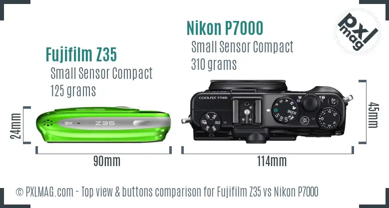Fujifilm Z35 vs Nikon P7000 top view buttons comparison Fujifilm Z35 vs Nikon P7000 top view buttons comparison