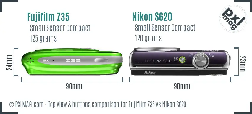 Fujifilm Z35 vs Nikon S620 top view buttons comparison