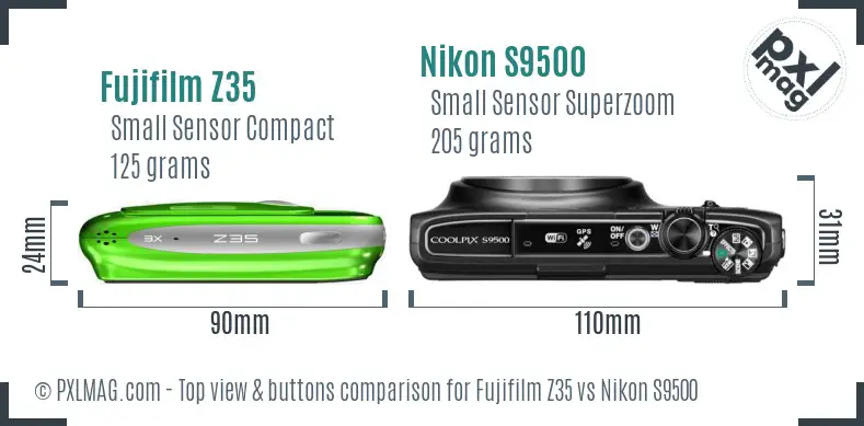Fujifilm Z35 vs Nikon S9500 top view buttons comparison Fujifilm Z35 vs Nikon S9500 top view buttons comparison