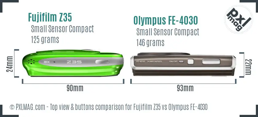 Fujifilm Z35 vs Olympus FE-4030 top view buttons comparison Fujifilm Z35 vs Olympus FE-4030 top view buttons comparison